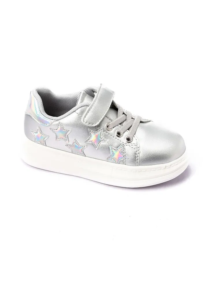Girls Stitched Stars Double Closure Sneakers - Silver