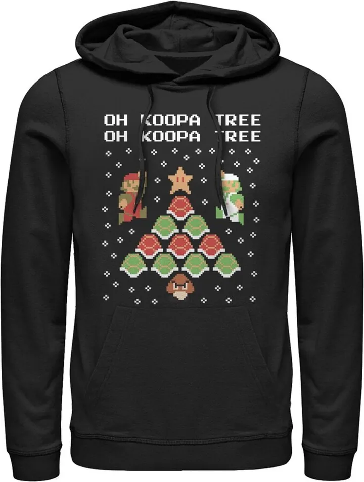 Men's Nintendo Christmas Mario Bros. Koopa Tree Pull Over Hoodie - Black - Small