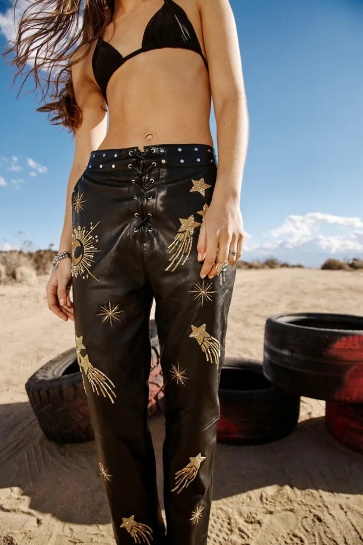Nasty Gal Womens Real Leather Celestial Embellished Pants