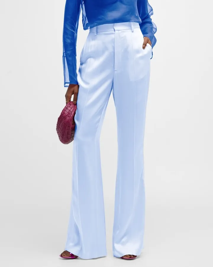 High-Rise Slit-Hem Flare-Leg Satin Pants