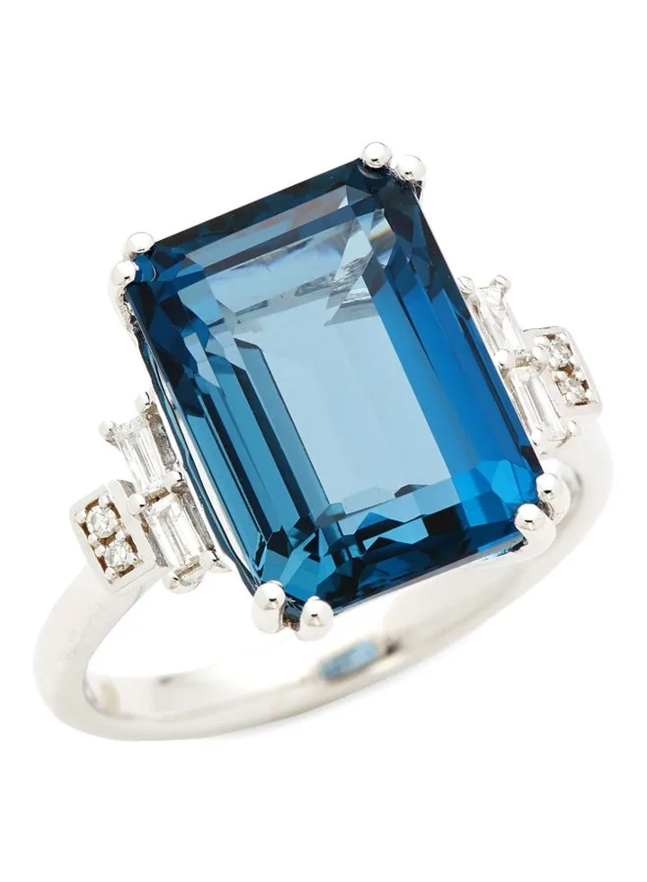 14K White Gold London Blue Topaz and Diamond Ring for Women Size 7