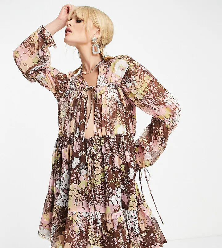 Reclaimed Vintage inspired ruffle mini dress in multi floral print