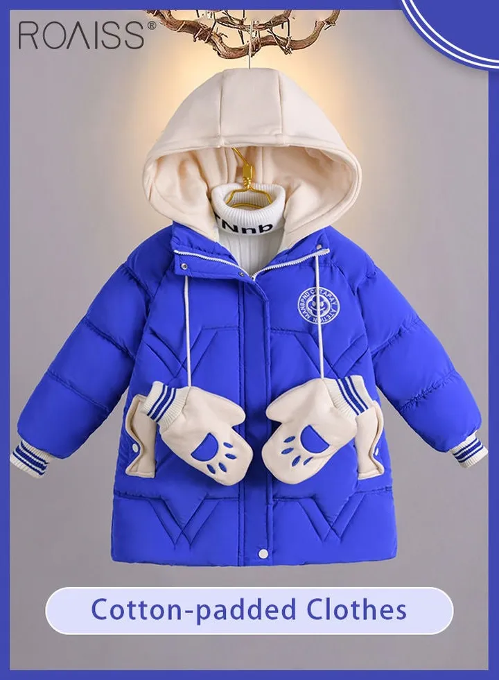 Children's Soft and Skin-Friendly Mid-Length Winter Coat with Fleece Hooded Solid Color Down Jacket with Simple Design and Zip Featuring Cartoon Pattern