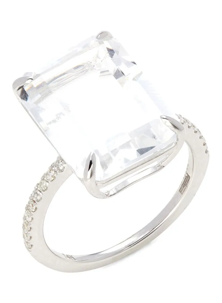 14K White Gold White Topaz and Diamond Ring for Women Size 7