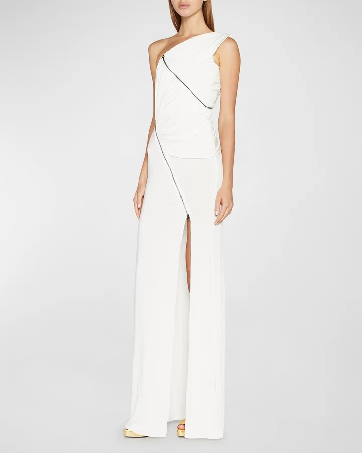 Ruched Zipper One-Shoulder Jersey Gown
