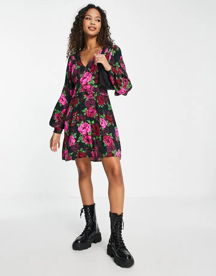 Miss Selfridge frill detail mini tea dress in dark rose print
