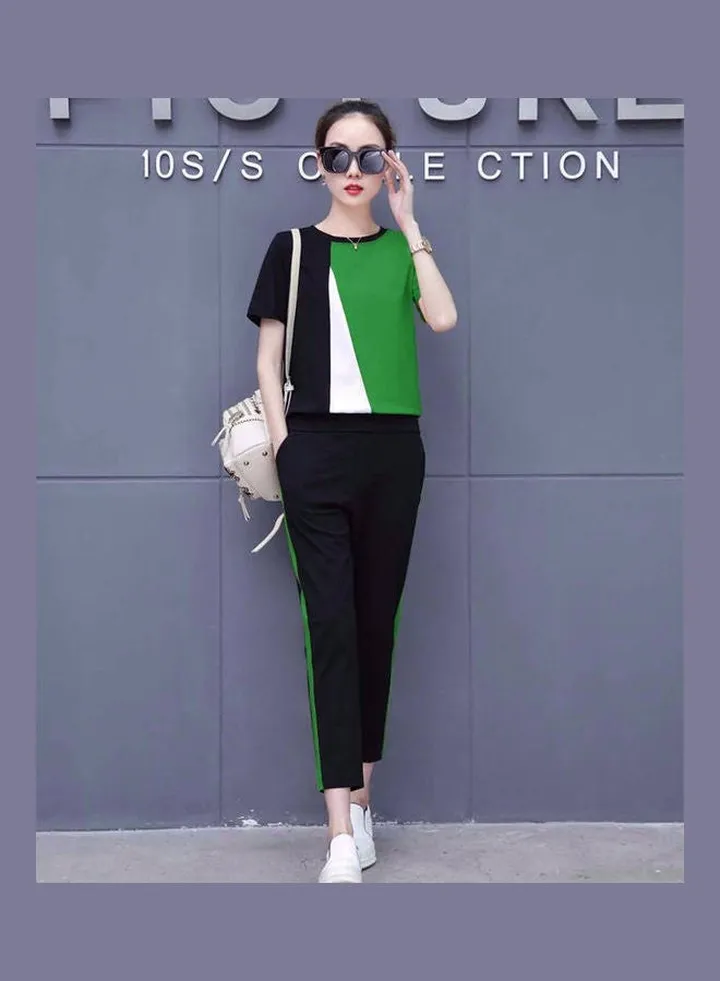 2-Piece Colorblock Pattern Top And Trousers Set Green/Black/White