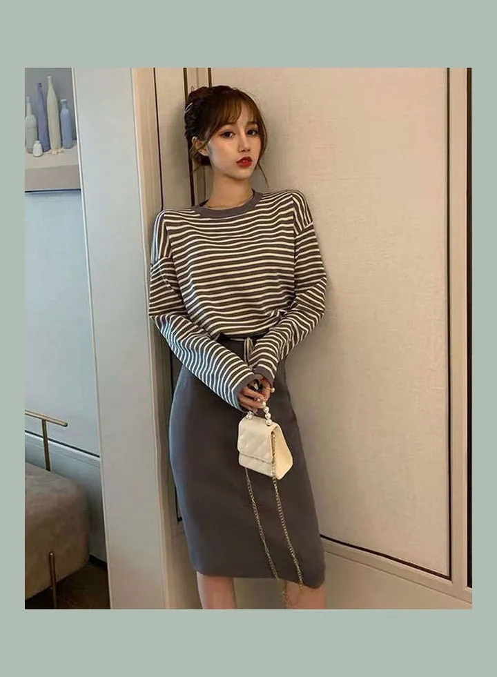 Casual Long-Sleeved Striped T-Shirt Top Outfit Grey