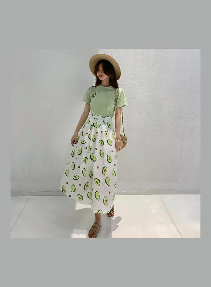2-Piece Printed T-Shirt And Pleated Skirt Set Green/White/Brown