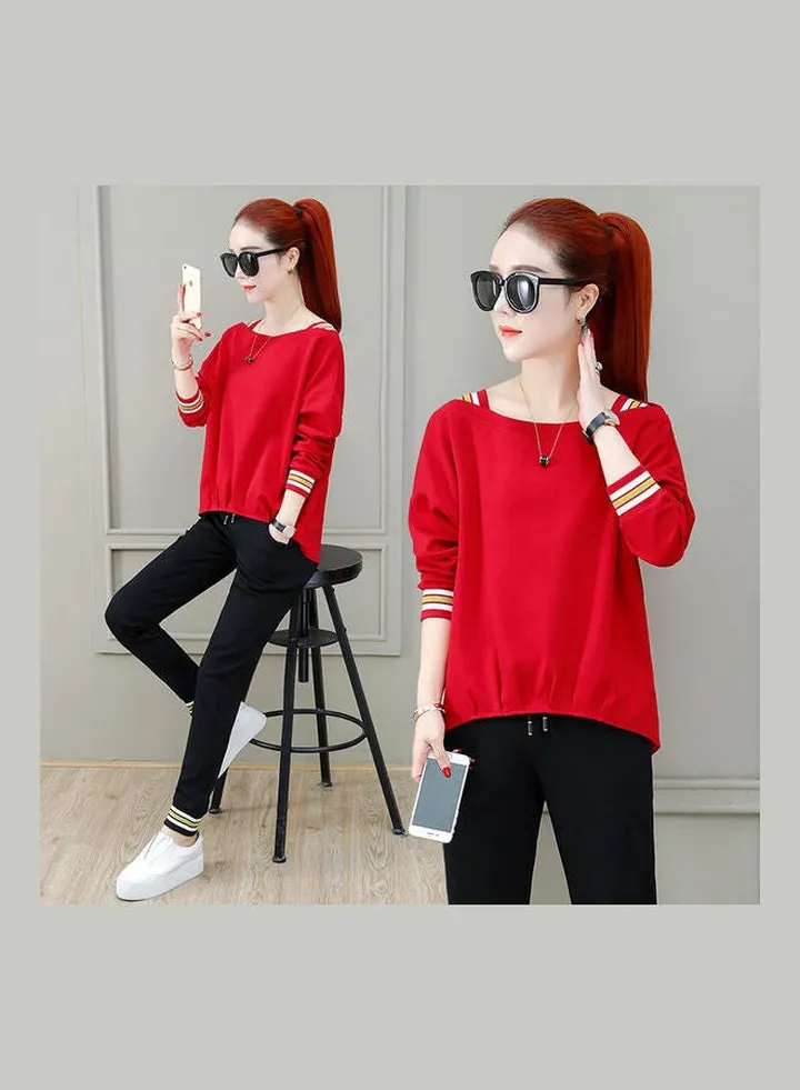 Sports Wear Loose Casual Top And Drawstring Pants Spring Early Autumn Leisure Suits Red