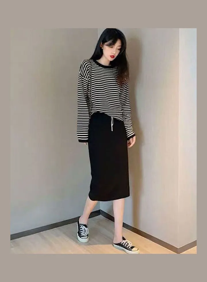 Women Autumn Fashion Two-Piece Suit Skirt and Casual Long-sleeved Striped T-shirt Black