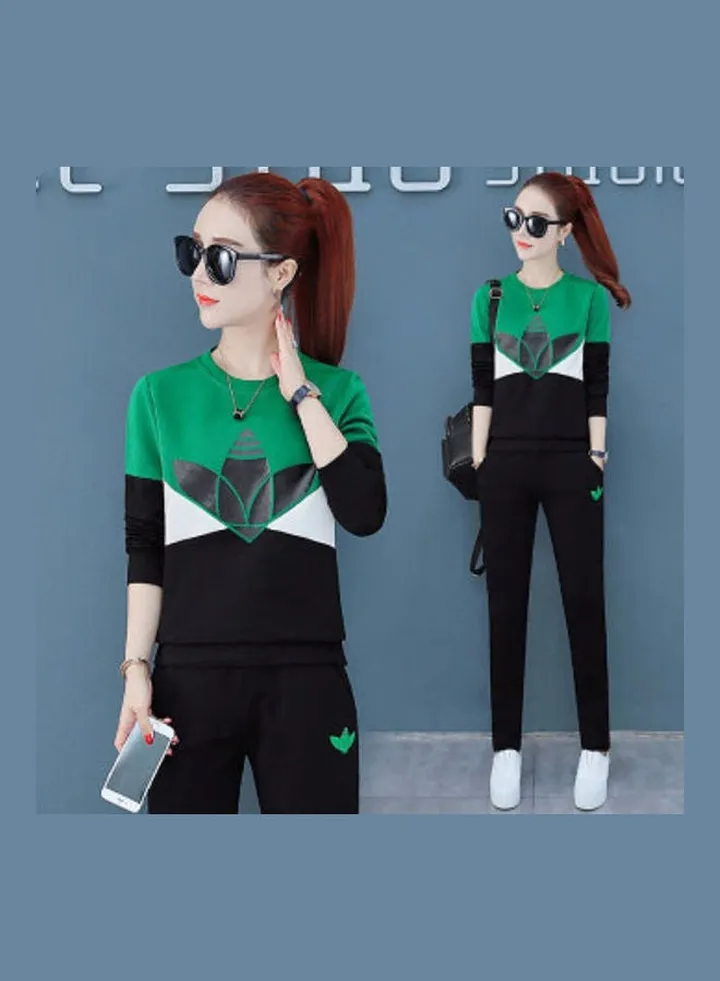 Printed Long Sleeves Top And Pants Set White/Green/Black