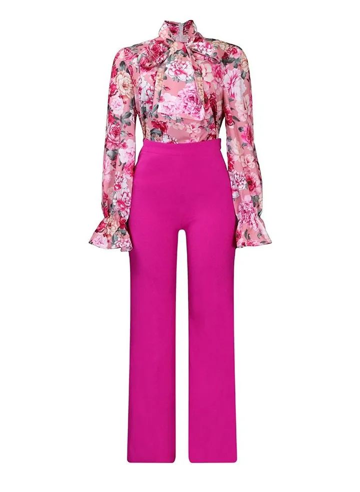 Women's Suit Loose Oversize Casual Printed Long sleeve Shirt And Wide Leg Pants