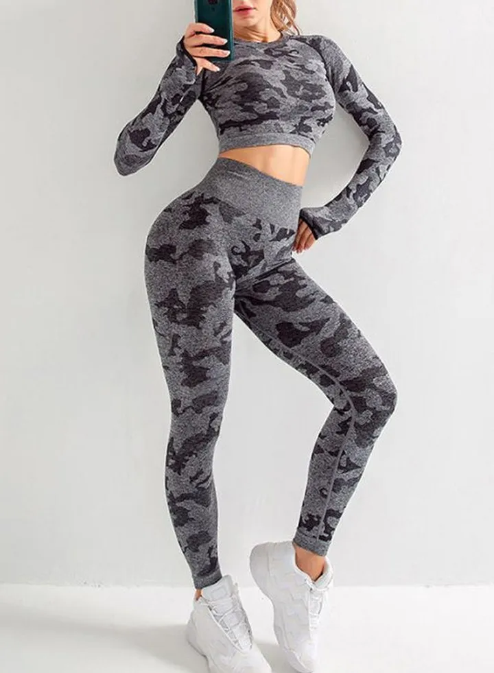 2-Piece Camouflage Printed Sports Suit Grey/Black