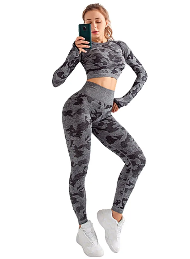 Camouflage Print Sports Suit Grey