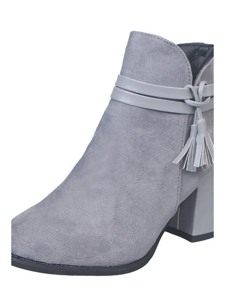 Fashion Women Heel Faux Leather Zip Tassel Ankle Boots Grey