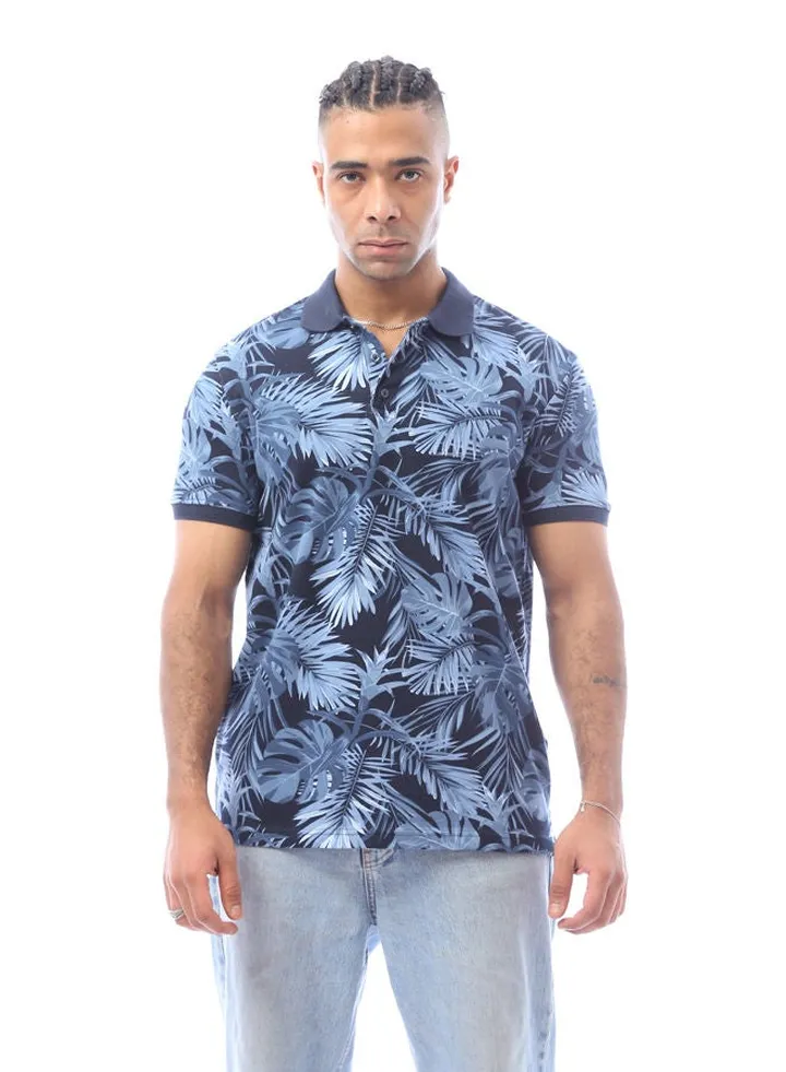 Navy Blue & Baby Blue Tropical Leaves Polo Shirt