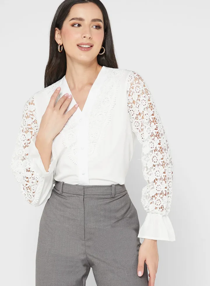 Crochet Trim Cuff Sleeve Detail Blouse