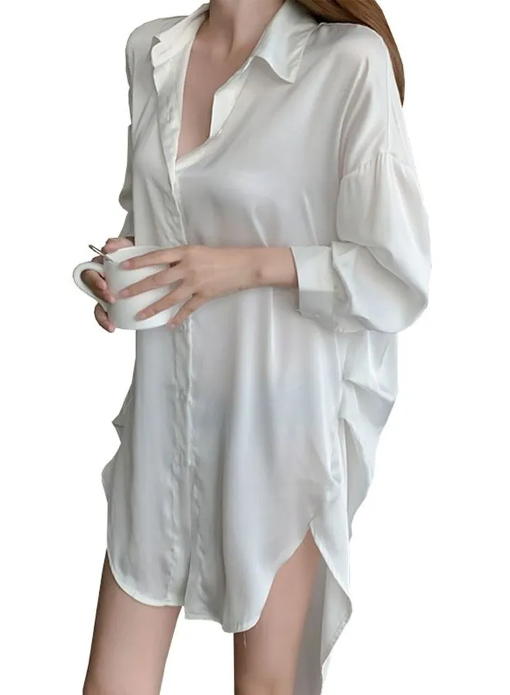 Ladies Spring And Summer Long-Sleeved White Shirt Nightdress Solid Colour Sleepwear Nightwear