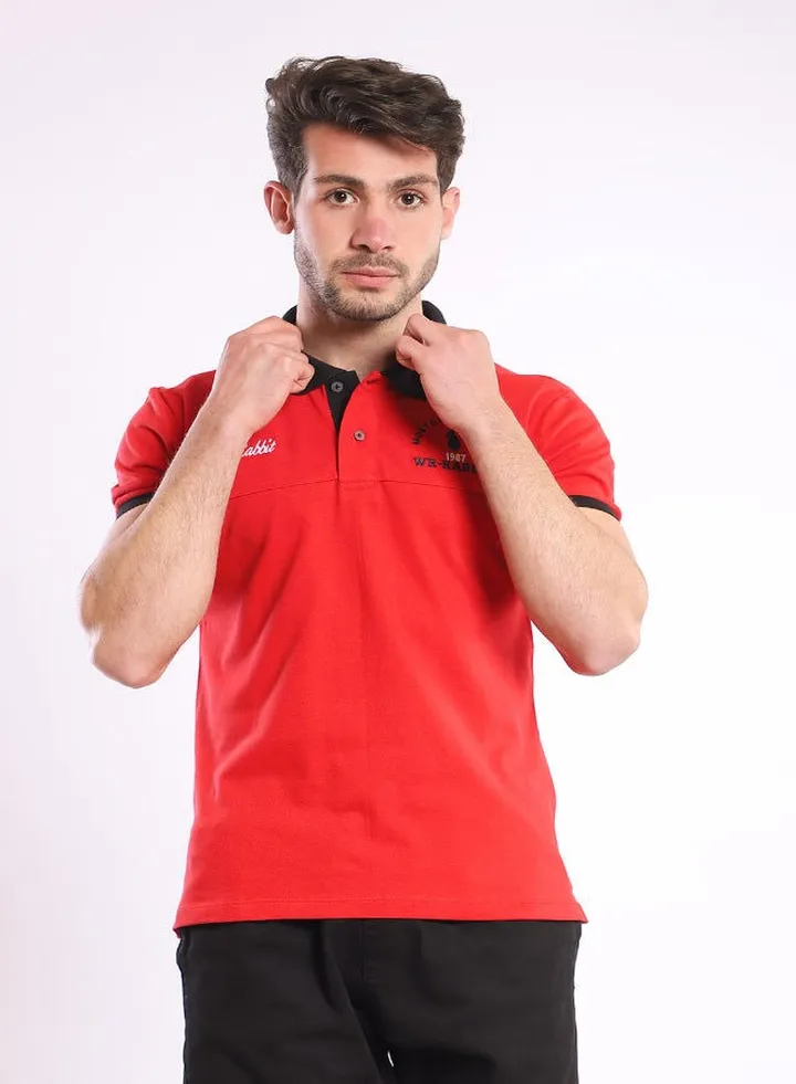 Black Collar Hips Length Red Polo Shirt