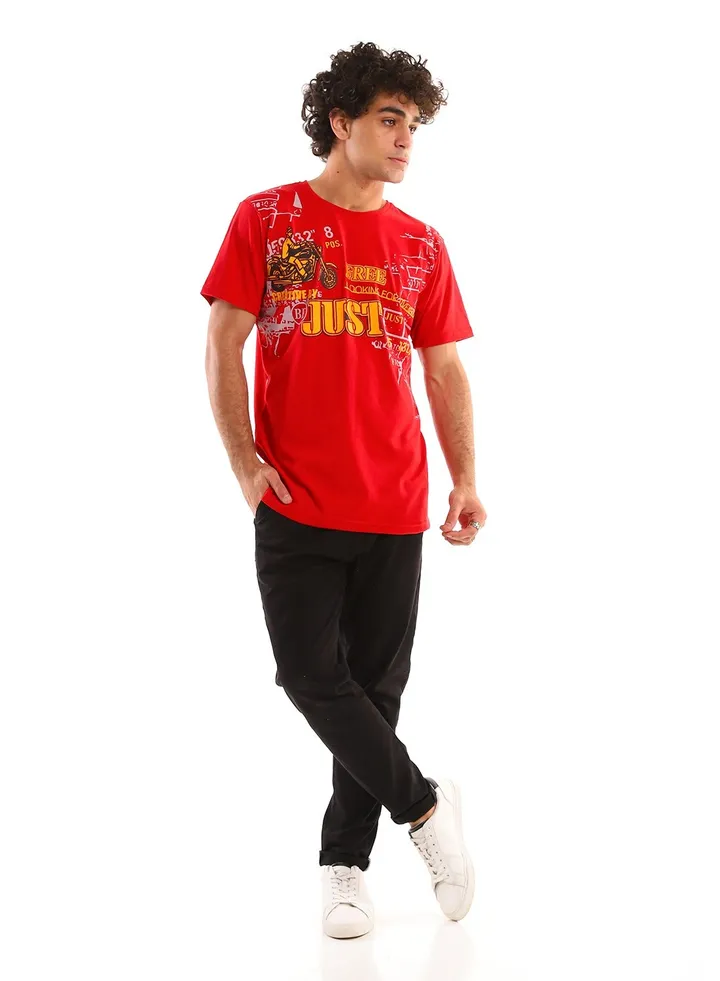 Half Sleeves Cotton Round Neck T-Shirt - Red