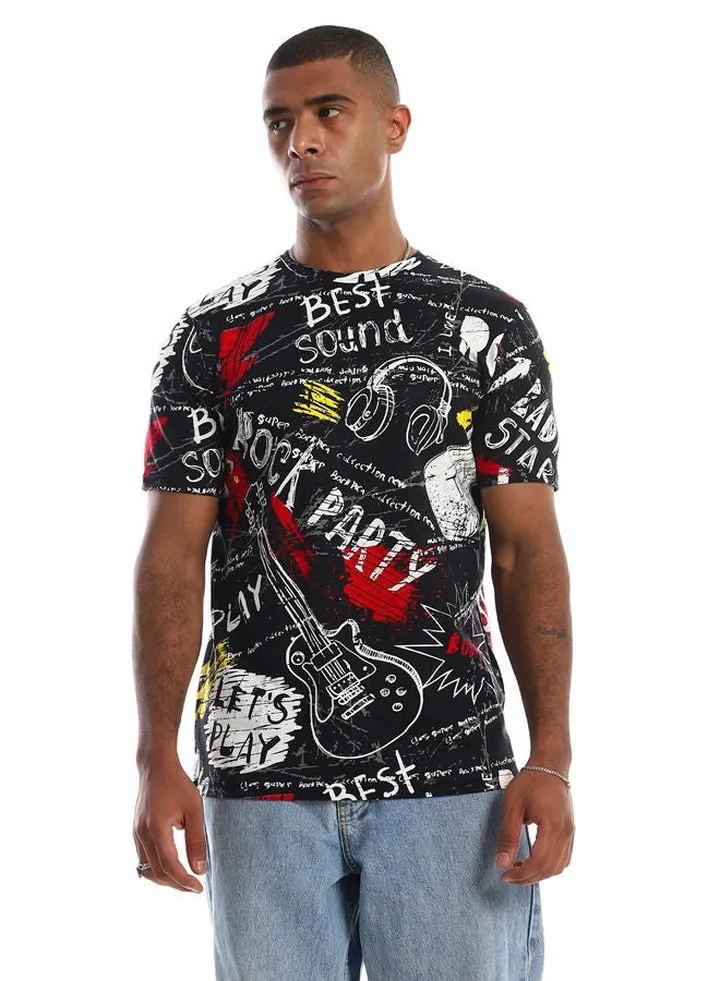 97171 Round Neck Slip On Printed T-Shirt - Black & White.