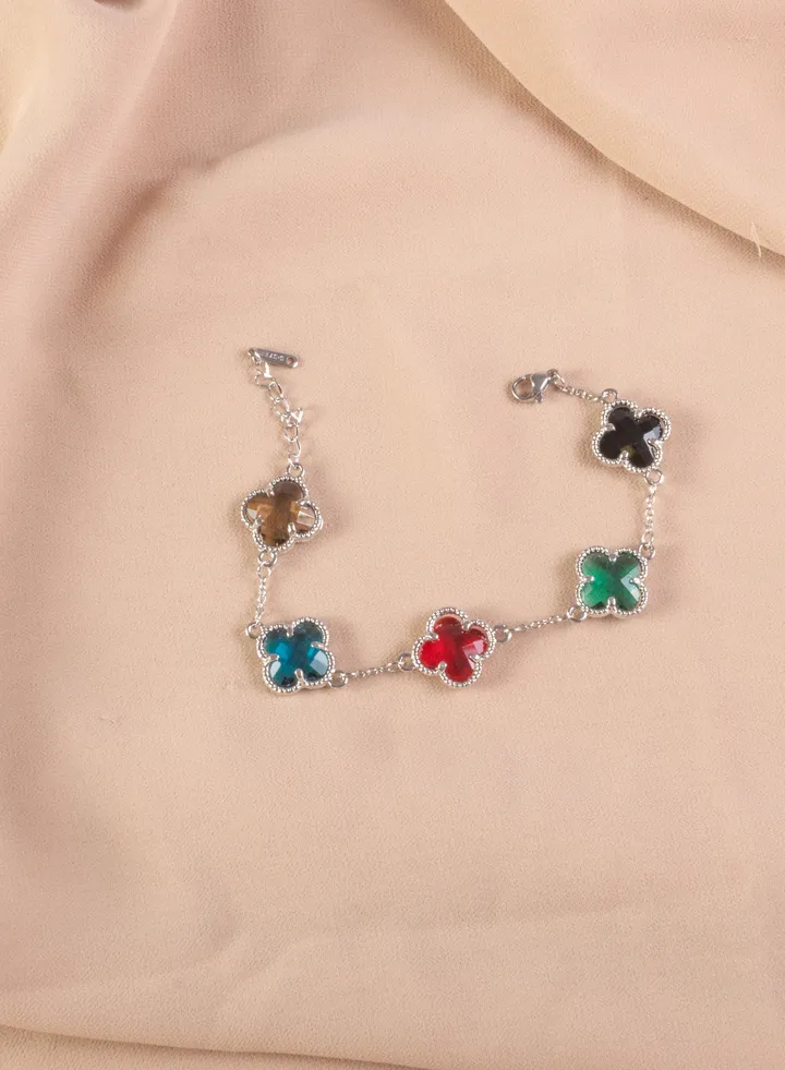 Stainless Steel Bracelet Silver with Multicolored Clover Leaf