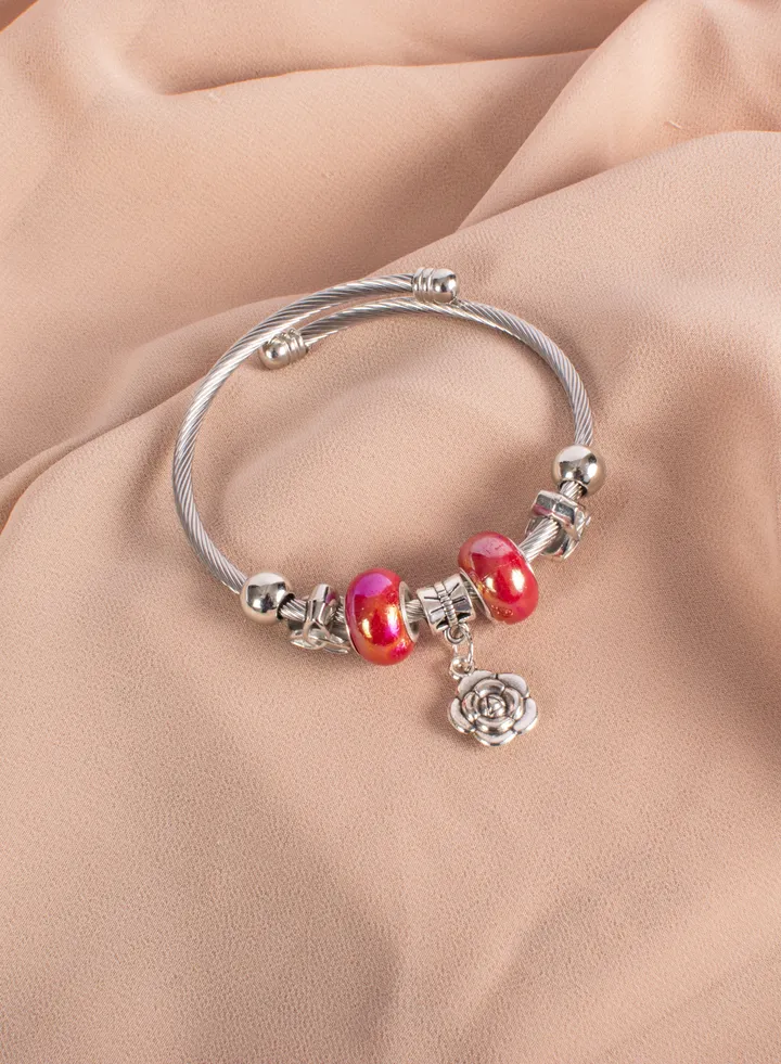 Bandora Stainless Steel Bracelet with a Flower Pendant Red