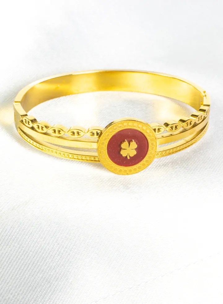 Stainless Steel Bangale Bracelet Gold with Clover Leaf Dark Red