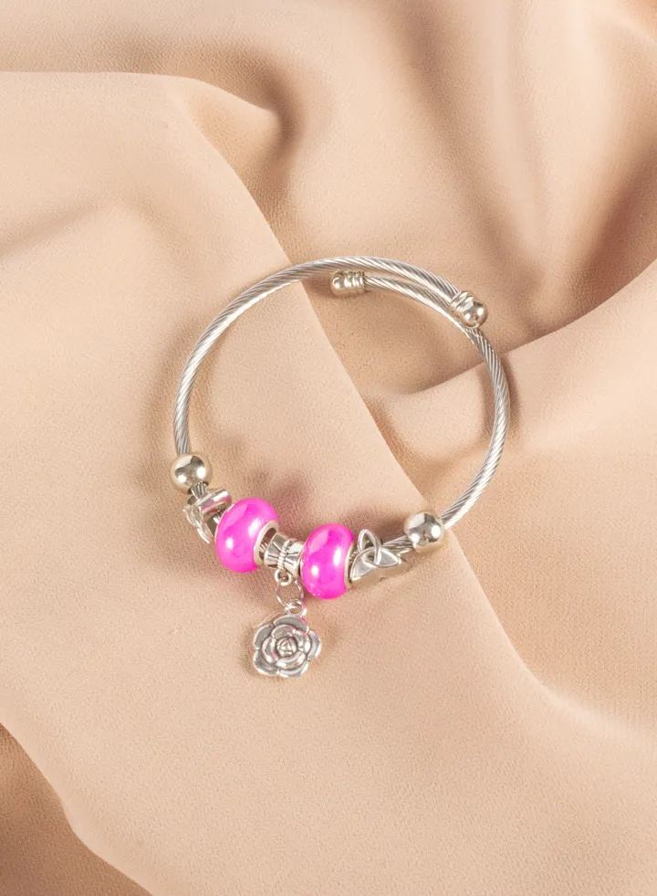 Bandora Stainless Steel Bracelet with a Flower Pendant Fushia