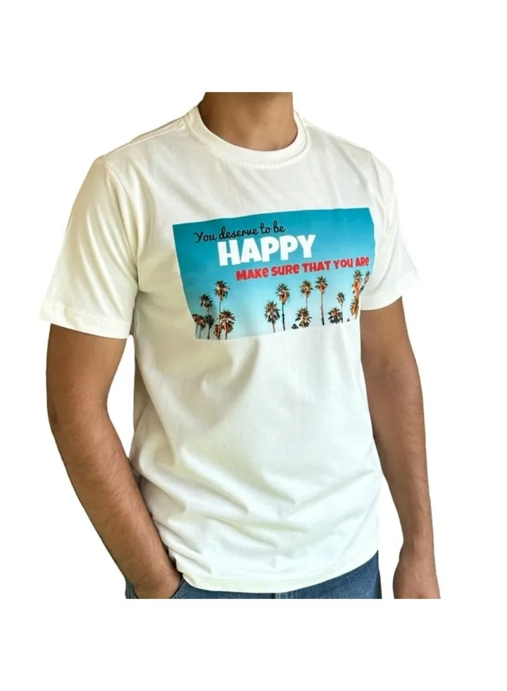 Horse Polo Round Neck T-Shirt Off-White Printed, Be Happy