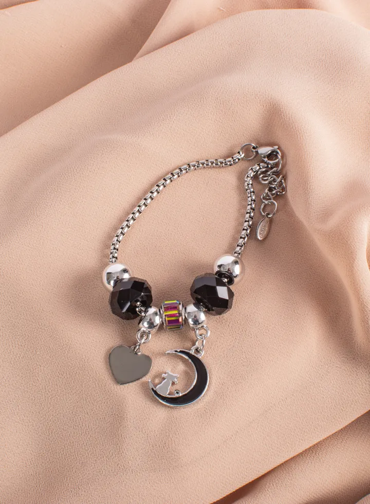 Bandora Stainless Steel Bracelet with a Cresent Pendant Black