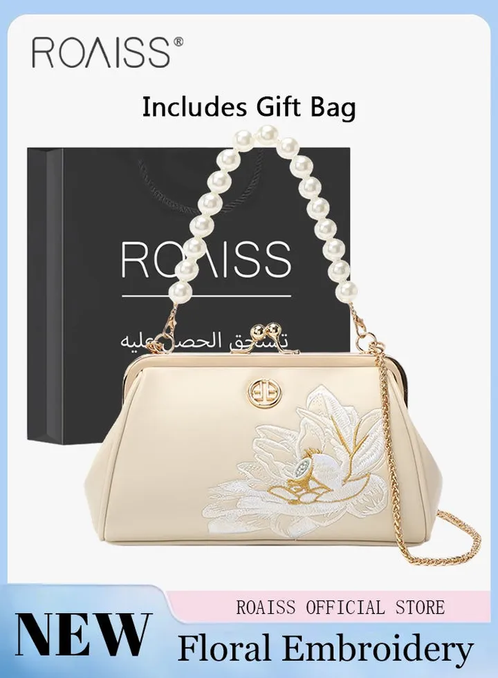 Floral Embroidery Pearl Chain Flap Bag for Women Exquisite Crossbody Shoulder Bags Ladies Elegant Retro Handbag with Gift Bag Gifts for Mom Wife and Bridal for Birthday Anniversary and Wedding