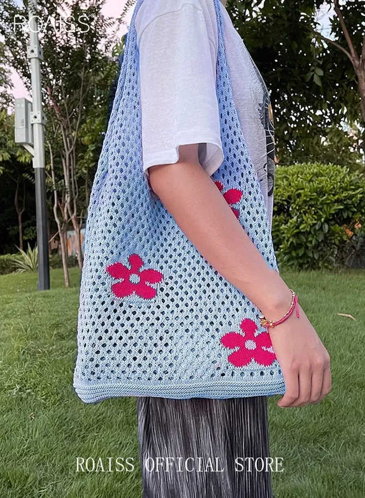 Women's Shoulder Bag Tote Bag Flower Pattern Knitted Bag Hollow