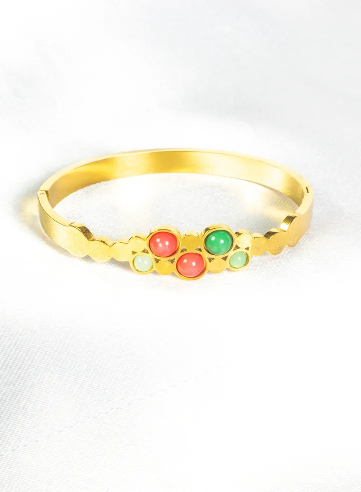 Stainless Steel Bangale Bracelet Gold with Multi Colored Stones