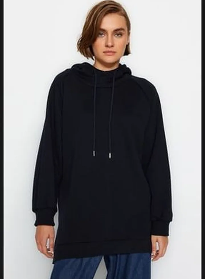 Navy Blue Hooded Oversized Rayon Knitted Sweatshirt.