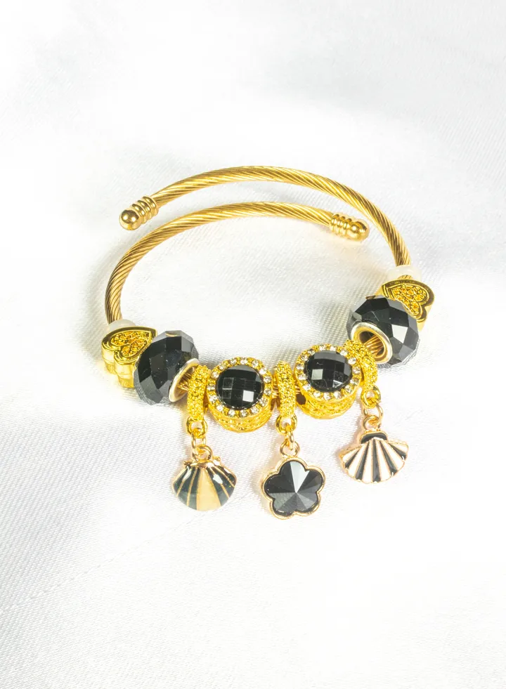 Bandora Stainless Steel Bracelet Gold Black with Zirconic Stones