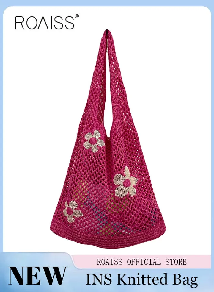 Women Shoulder Bag Tote Bag Flower Pattern Knitted Bag Hollow