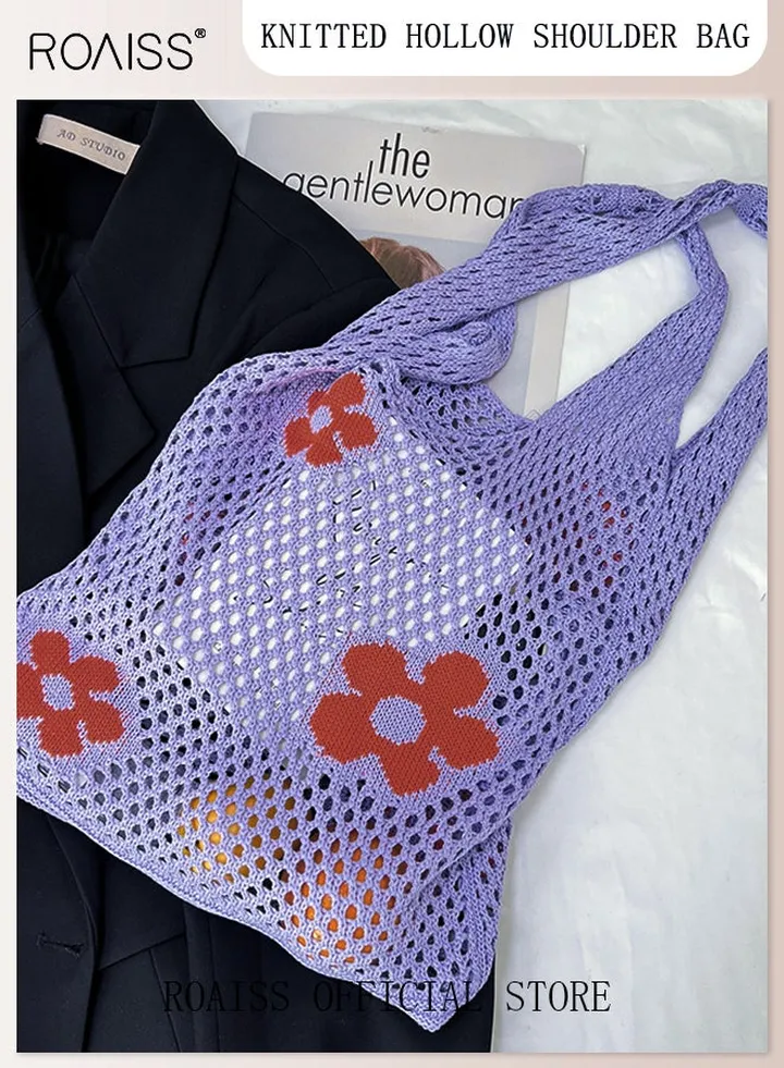 Women's Shoulder Bag Tote Bag Flower Pattern Knitted Bag Hollow
