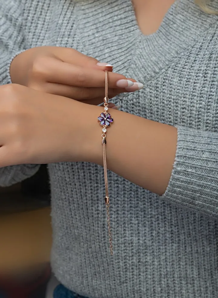Amethyst Stone Leaf Flower Bracelet - Silver