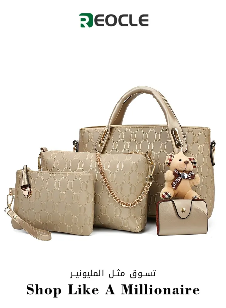 Women's Bag Classic Style NewFashion Women's Bag Bear Pendant Trendy Embossed Mother-in-law Bag Four-piece Set