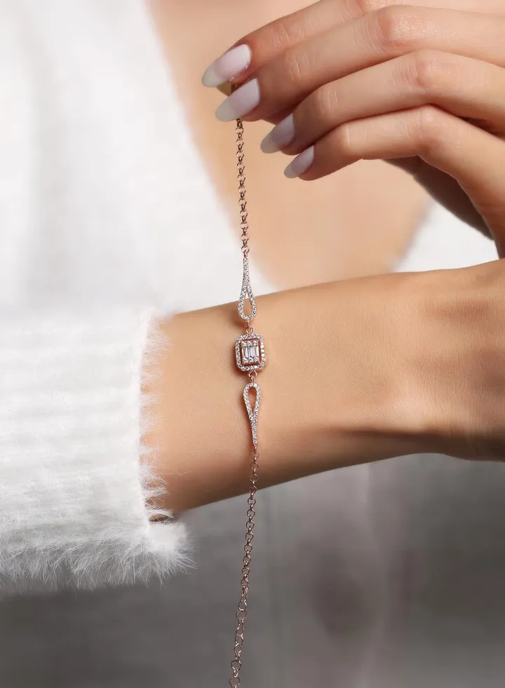 Baguette Stone Rose Gold Bracelet - Silver