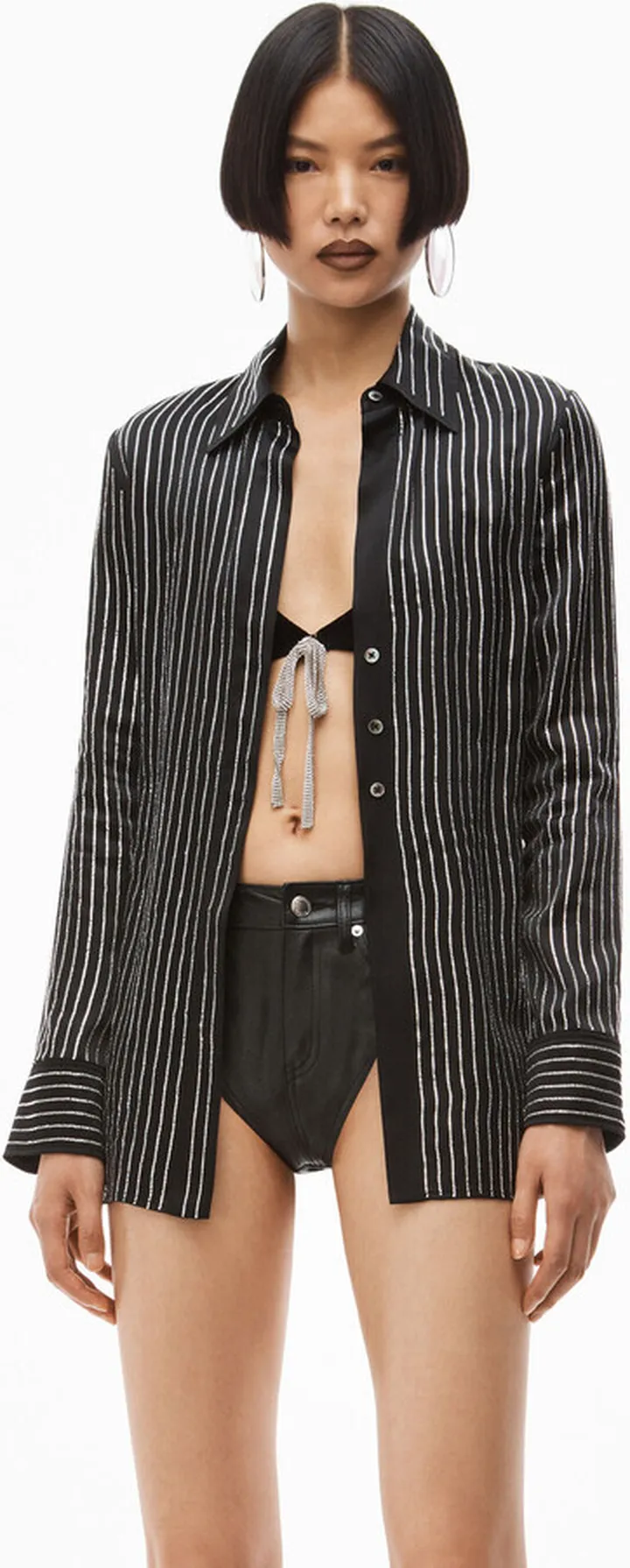 Alexander Wang Women's Crystal Pinstripe Shirt In Silk Charmeuse Black