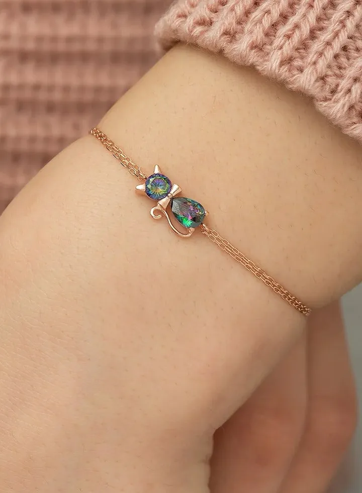 Mystic Topaz Stone Cat Bracelet - Silver