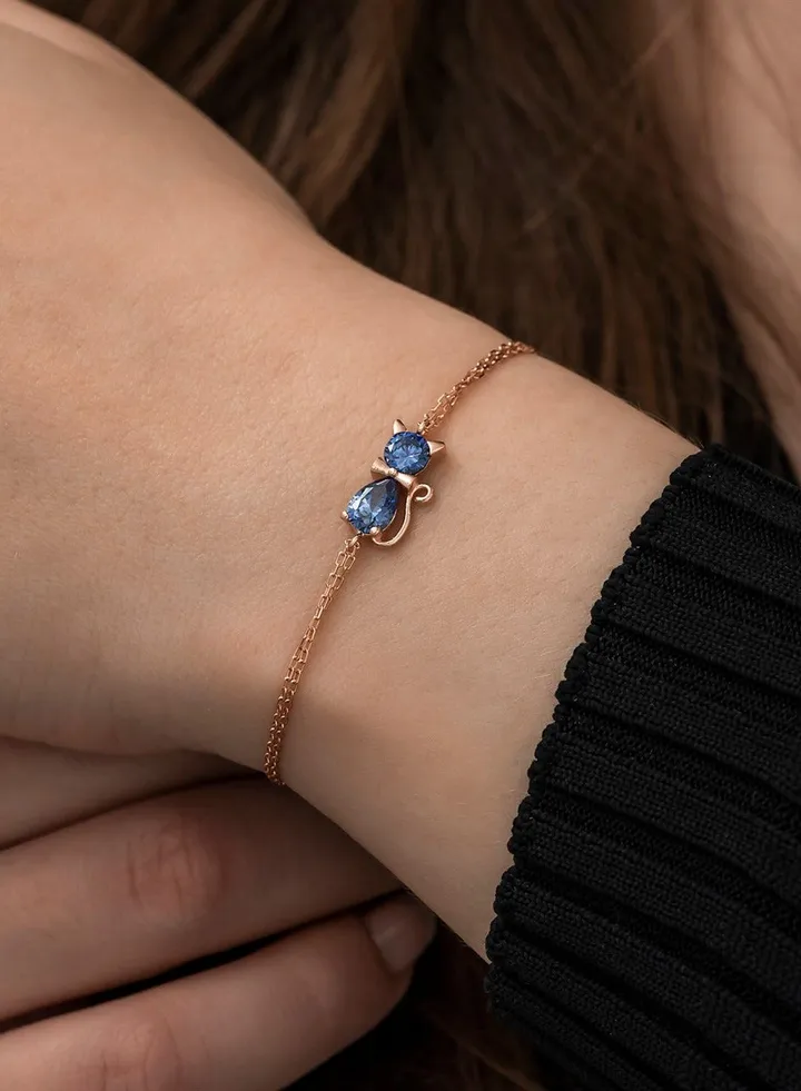 Blue Zircon Stone Cat Bracelet - Silver