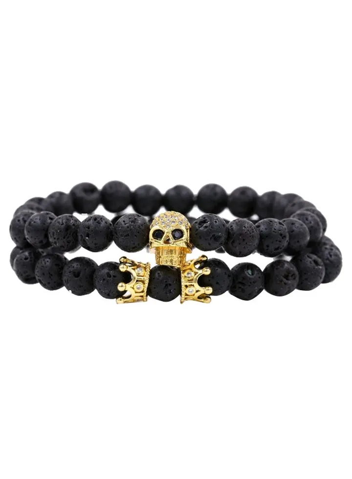 2-Piece Lava Stone Beads Skull Crown Bracelet Set