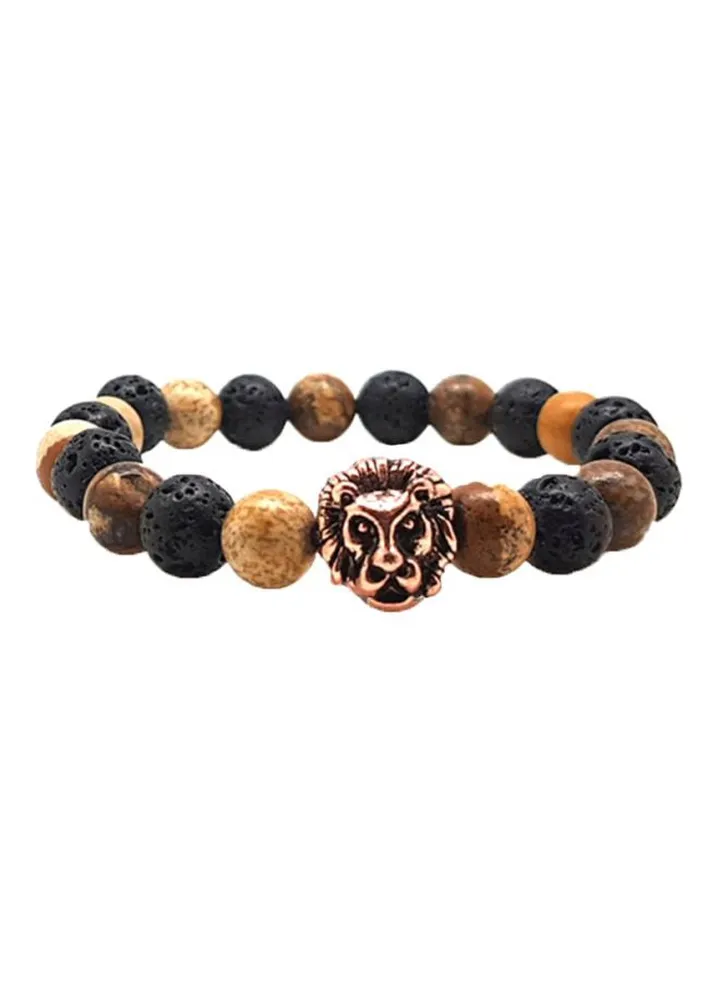 Lion Beaded With Lava Stone And Sandalwood Bracelet