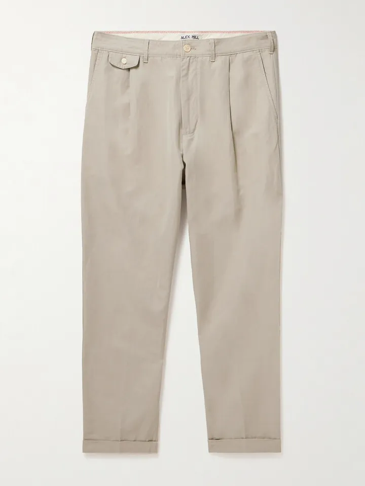 Tapered Cropped Pleated Cotton and Linen-Blend Trousers
