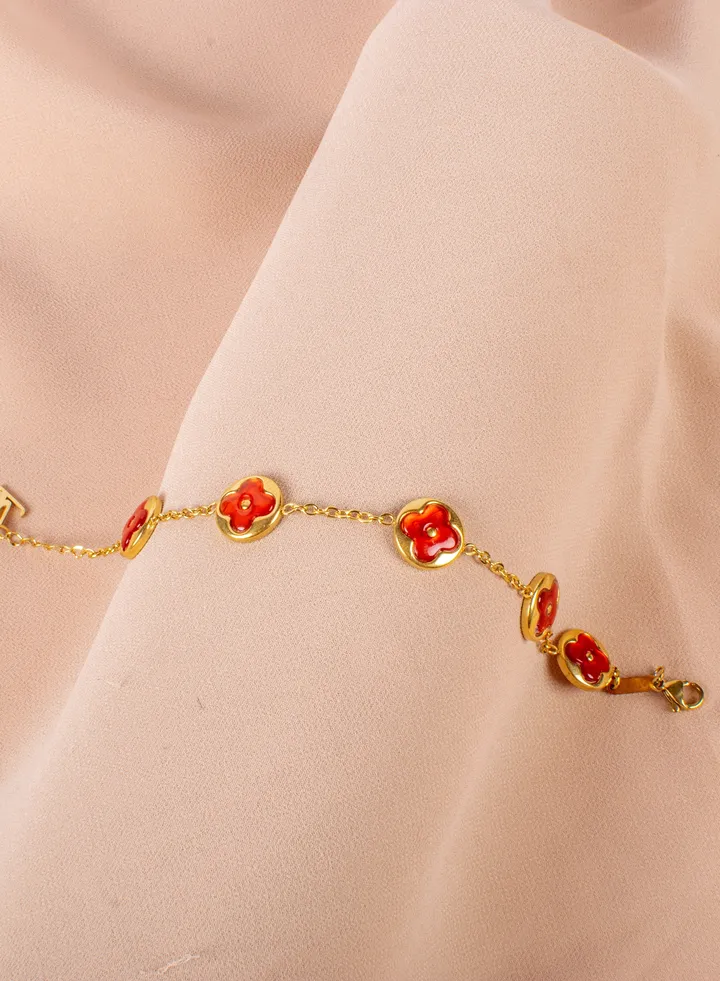 Stainless Steel Bracelet Golden with Red Clover Leaf