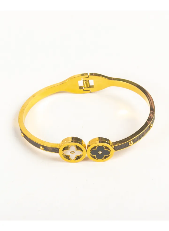 Stainless Steel Zirconic Clover Leaf Leather Bracelet